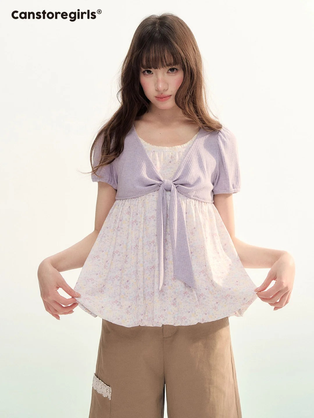 Floral Bow Puff Sleeve Bubble Top LL2026073