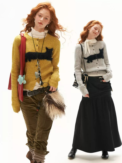MAMC - Yellow Fluffy Black Cat Jacquard Cropped Knit Cardigan
