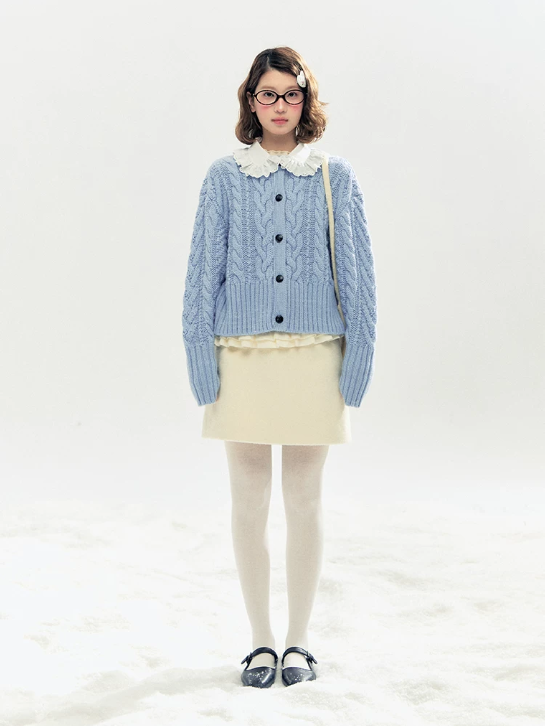 Horridale - "Cotton Mousse" Cable Knit Cardigan with Detachable Ruffle Collar (Cotton Blue/ Soft White)