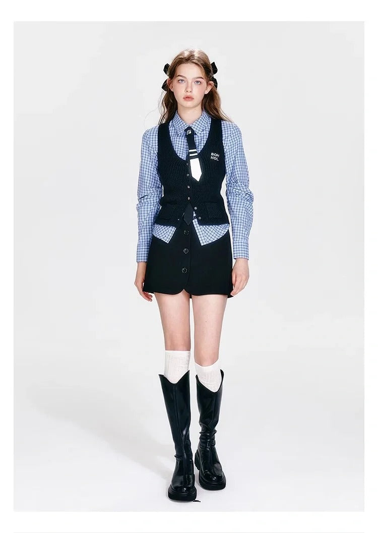 Blue Plaid Three-Pieces Set