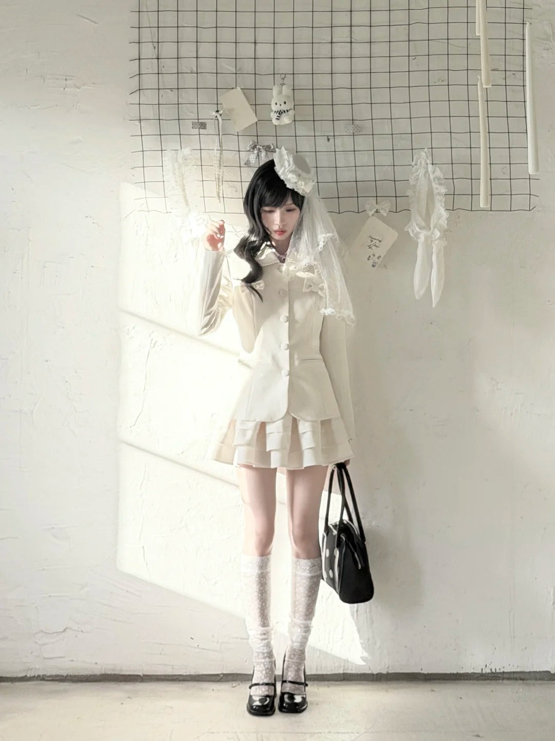 "Showa Girl" Tailored Layered Collection (Blazer / High-Waist Skirt / Victorian Shirt / Mesh Overlay Skirt)