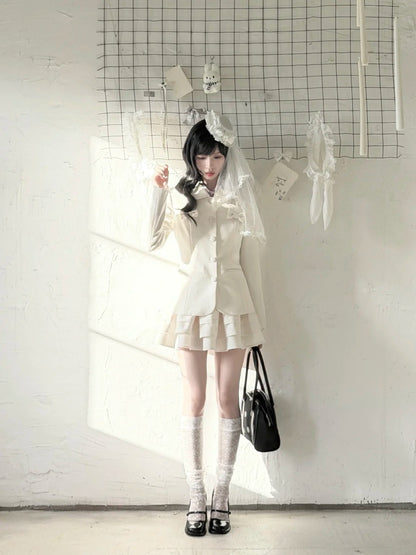 "Showa Girl" Tailored Layered Collection (Blazer / High-Waist Skirt / Victorian Shirt / Mesh Overlay Skirt)