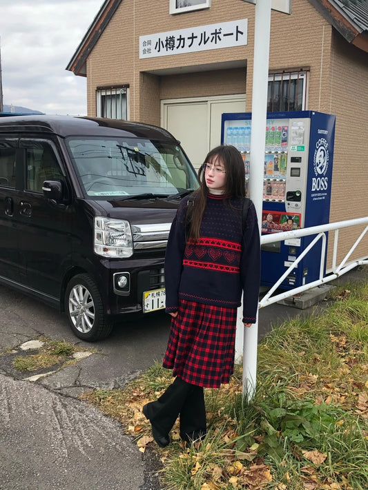 Zzouu - Cozy Dark Blue Heart Pullover Sweater