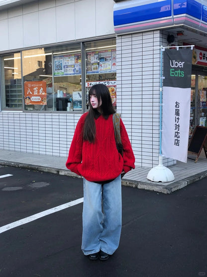 Zzouu - Plain Knitted Sweater - Red and White