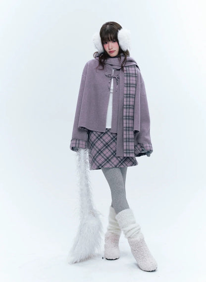 CREAMO2奶油氧气 - Soft Mauve Reversible Plaid Wool Cape Coat Set