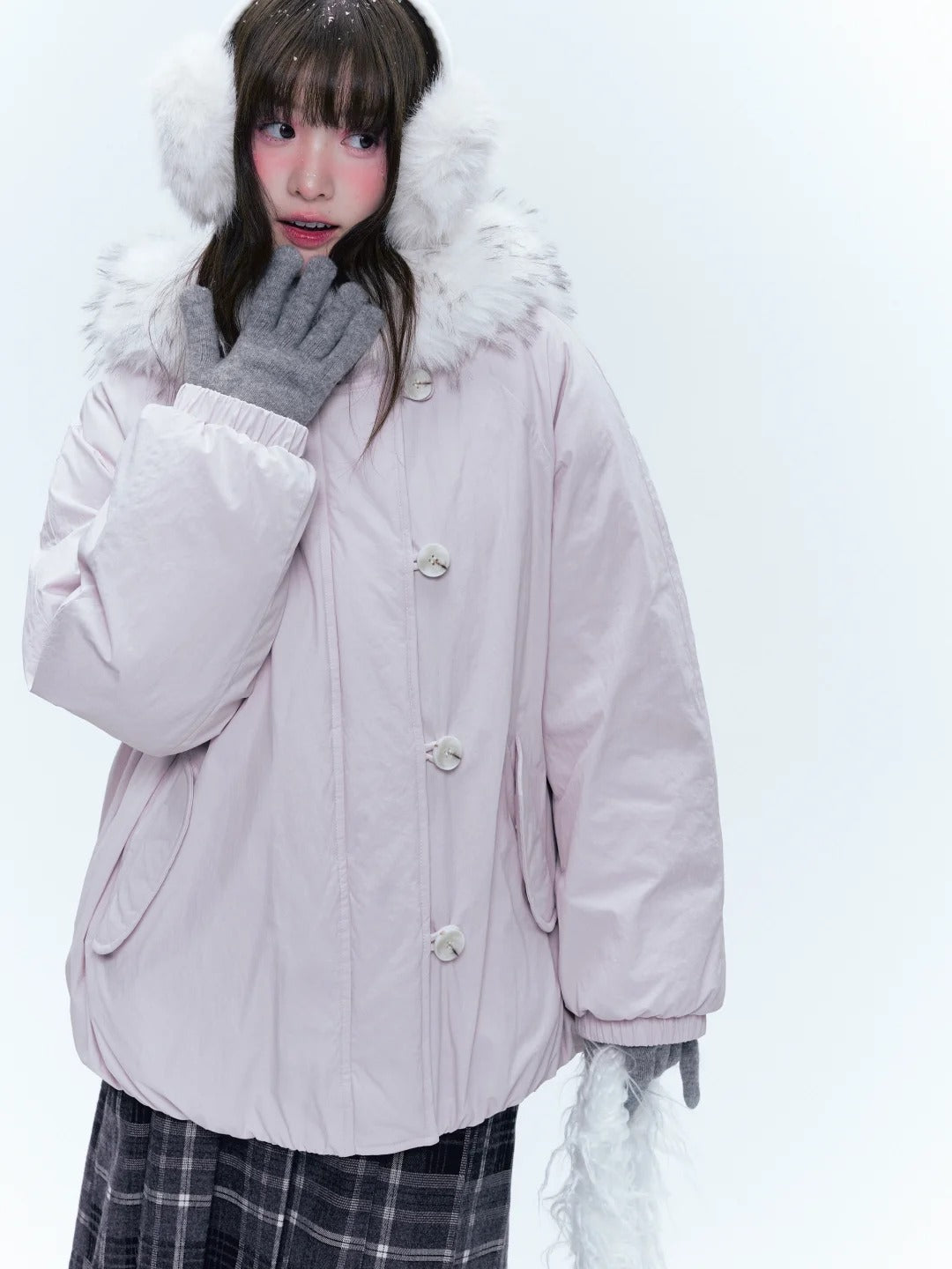 CREAMO2奶油氧气 - Soft Pink-Purple Detachable Fur Hooded Down Jacket