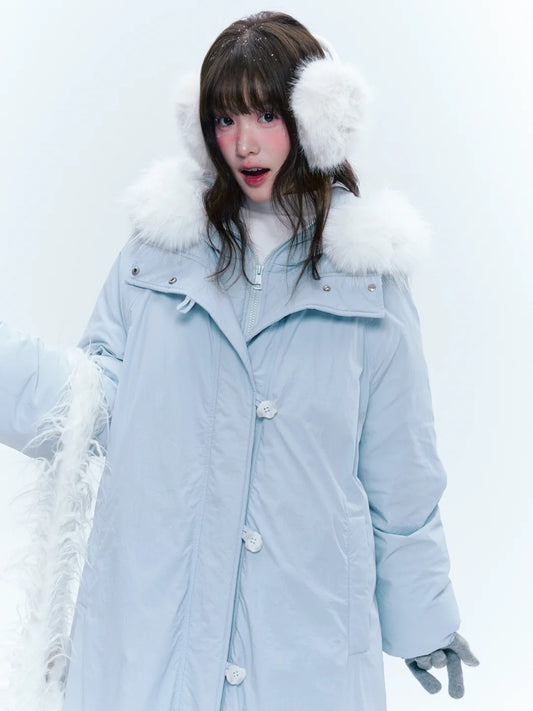 CREAMO2奶油氧气 - Milk Mist Blue Faux-Layered Mid-Length Down Puffer Coat
