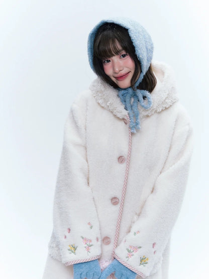 CREAMO2奶油氧气 - Soft Ivory Embroidered Teddy Wool-Style Midi Coat