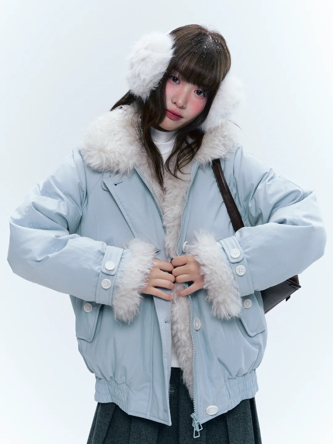 CREAMO2奶油氧气 - Mist Blue Contrast-Collar Short Down Jacket