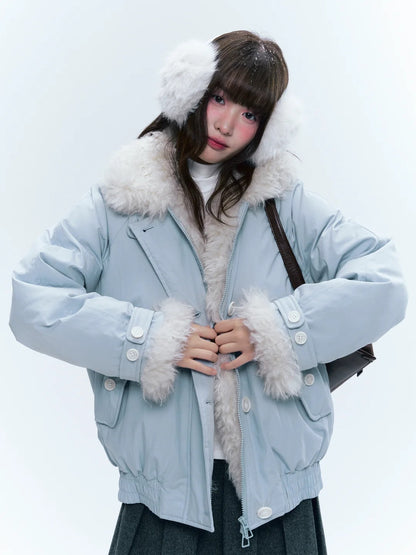 CREAMO2奶油氧气 - Mist Blue Contrast-Collar Short Down Jacket