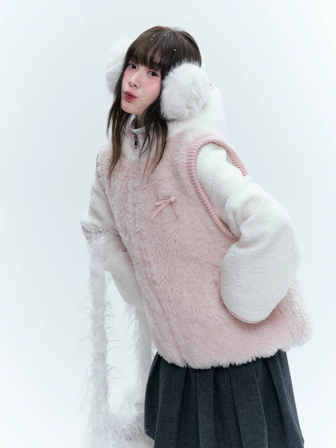 CREAMO2奶油氧气 - Pink & White Faux-Layered Teddy Padded Jacket
