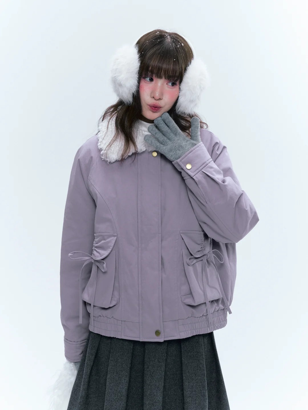 CREAMO2奶油氧气 - Taro Gray-Purple Detachable Shearling-Collar Retro Padded Jacket