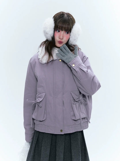 CREAMO2奶油氧气 - Taro Gray-Purple Detachable Shearling-Collar Retro Padded Jacket