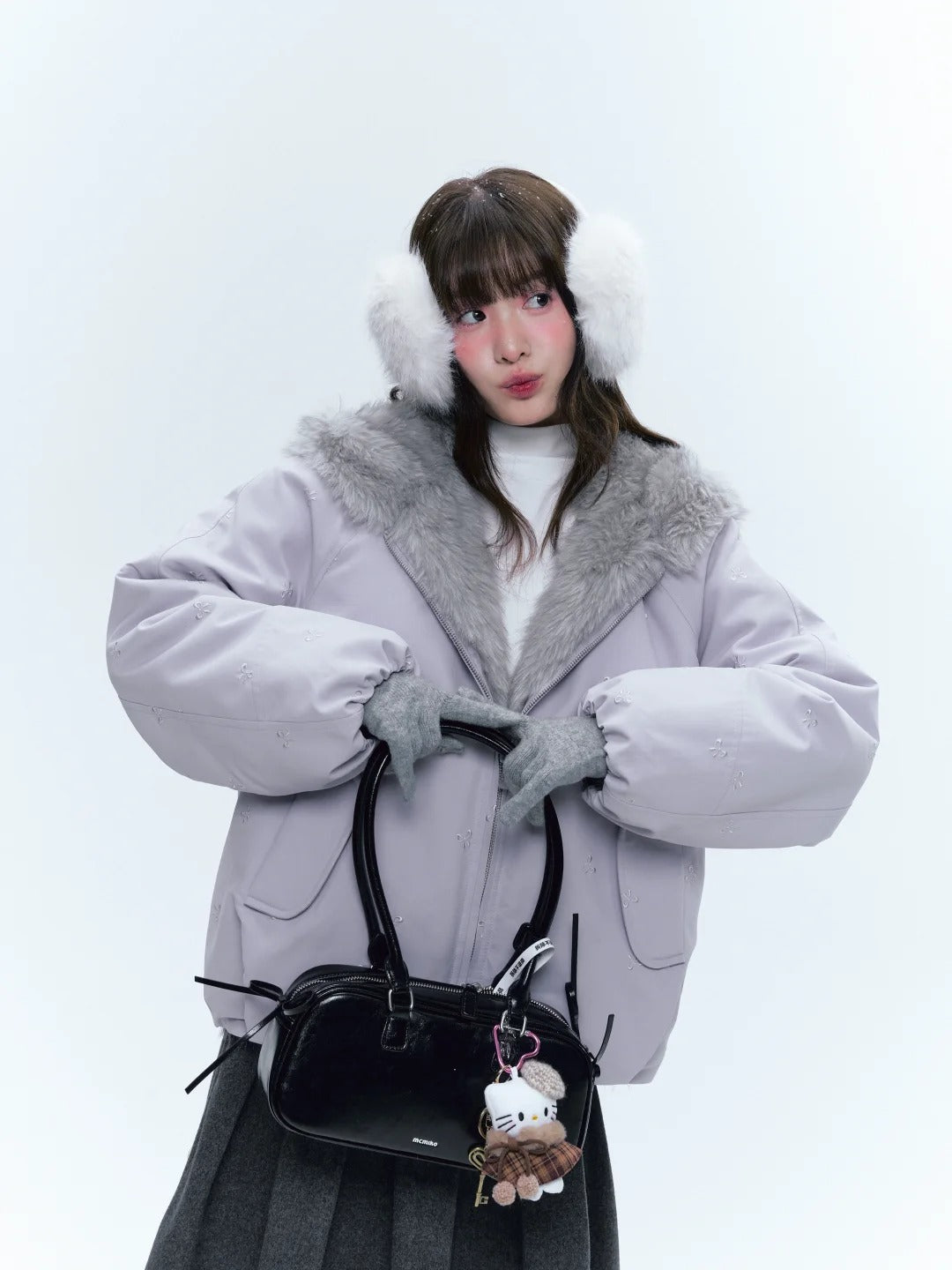 CREAMO2奶油氧气 - Soft Lilac Bow-Embroidered Eco Fur Puffer Jacket