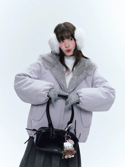 CREAMO2奶油氧气 - Soft Lilac Bow-Embroidered Eco Fur Puffer Jacket