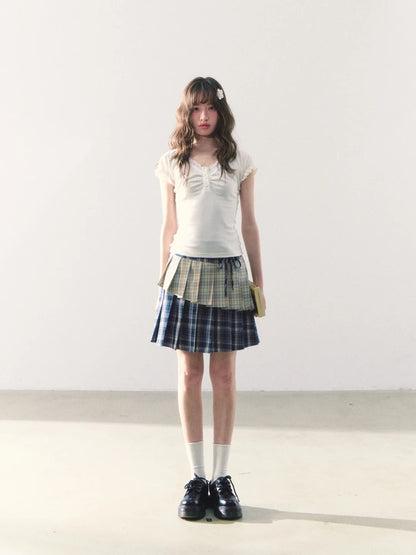 罐头粪便 - Preppy Gingham Patchwork Pleated Skirt – Asymmetric Mini Skirt