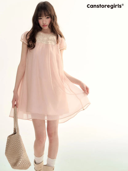 Sheer Lace Trim Puff Sleeve Babydoll Dress LL2026103