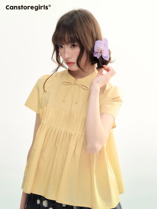 Butter Yellow Pleated Puff Sleeve Blouse WW2026069