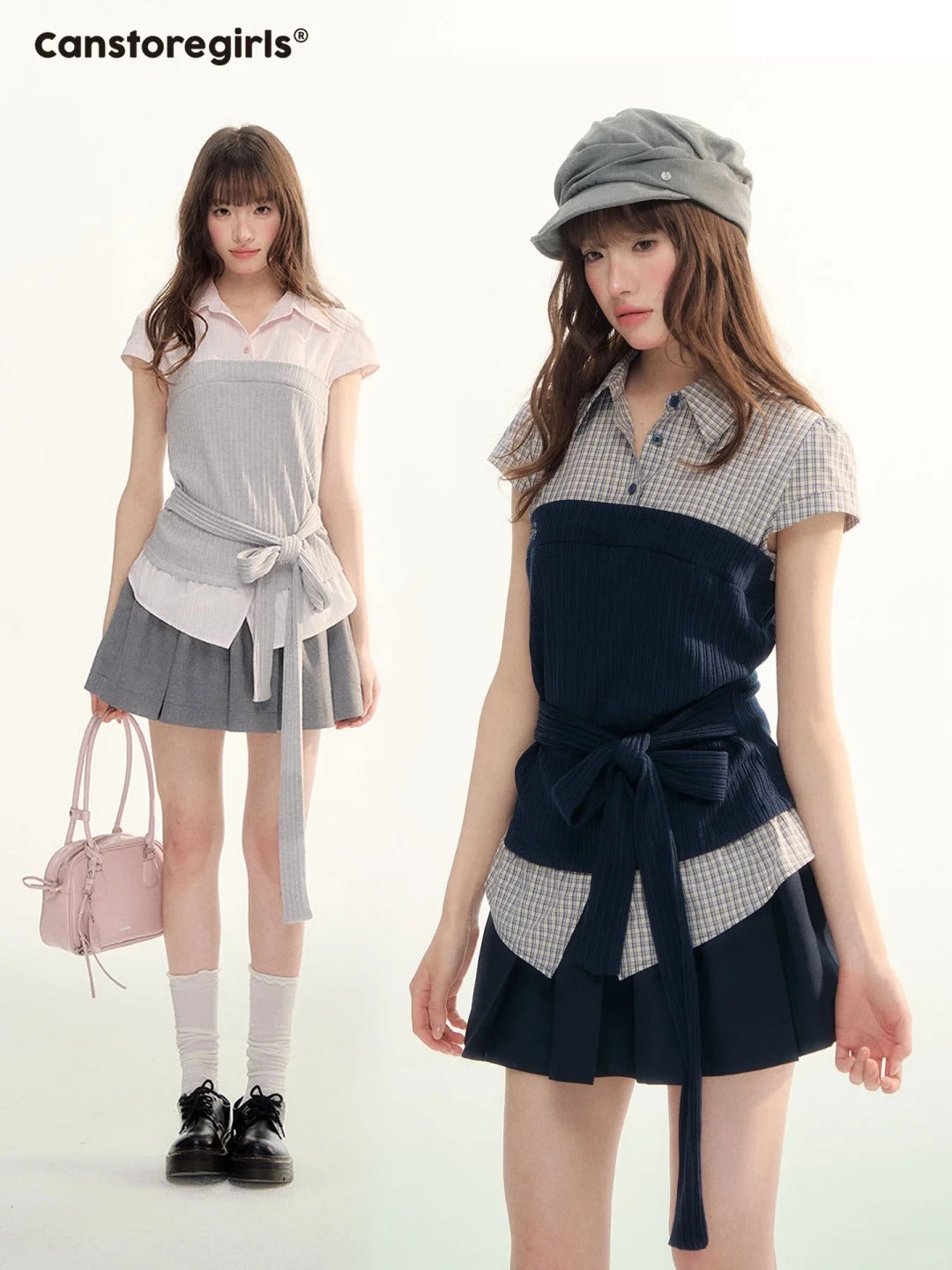 Pastel Plaid Knit Shirt & A-Line Puffy Skirt Set LL2026112