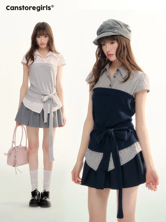 Pastel Plaid Knit Shirt & A-Line Puffy Skirt Set LL2026112