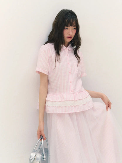 罐头士多所 - 樱绯雨 Pink Gingham Lace Shirt & Tulle-Accented Skirt Set