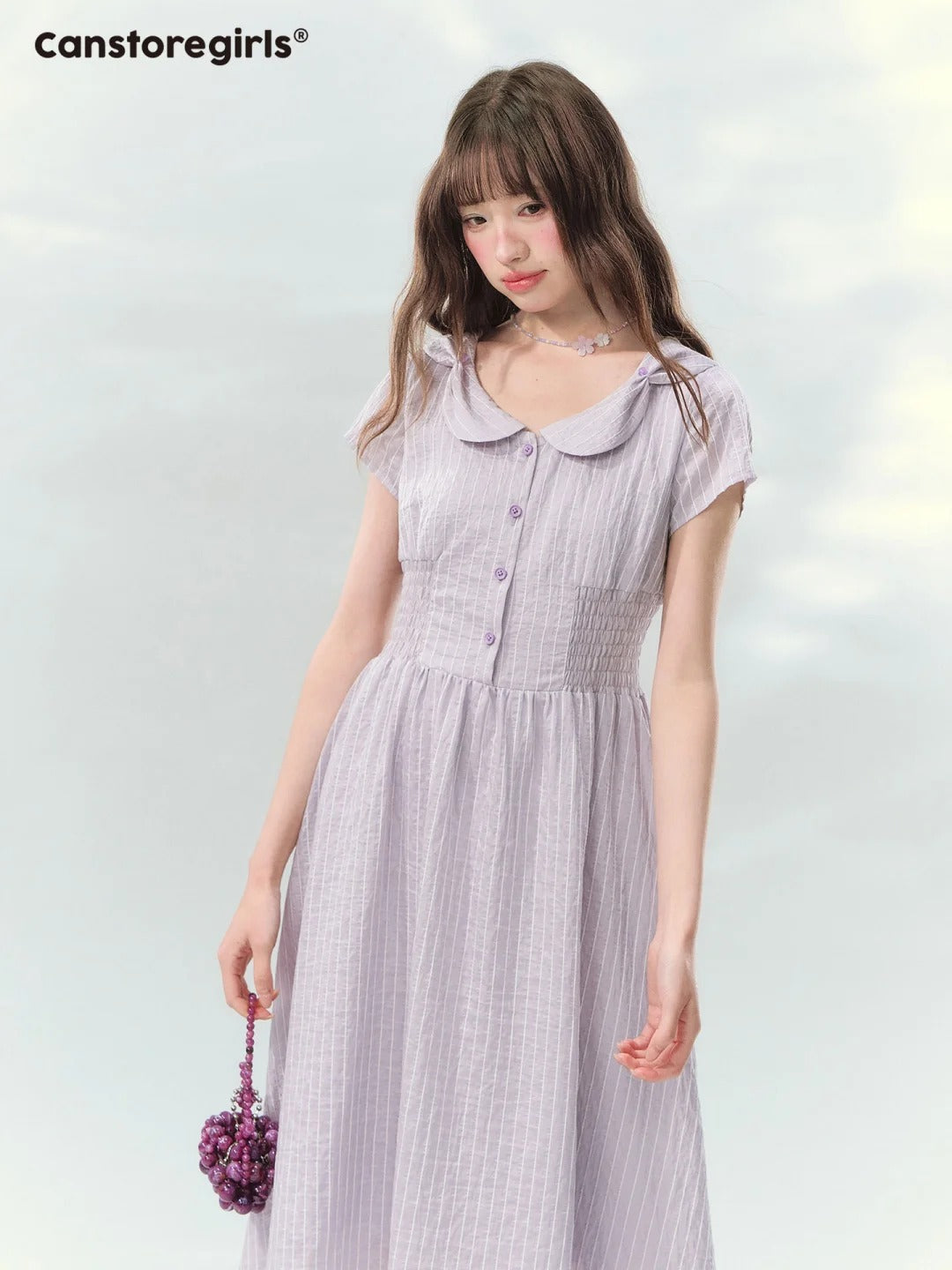 “Lavender Tea Mist” Lilac Stripe Puff Sleeve Dress LL2026137