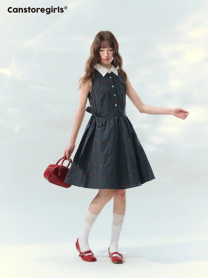 “Twin Bloom Letters” Navy Plaid Embroidered Shirt Dress LL2026139
