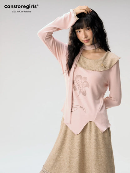 [CAN] "Dusky Floral Whispers" Blush & Chestnut Brown Set (Long Sleeve Top / Tassel Mini Skirt)