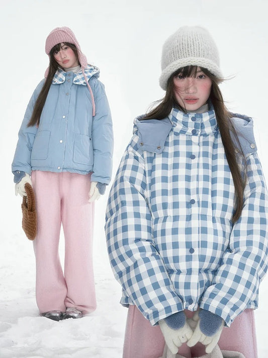 [CAN] Blue Plaid Reversible 90% White Duck Down Hooded Puffer Jacket