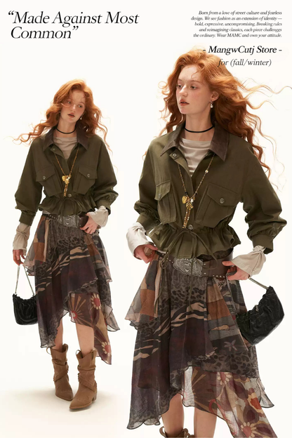MAMC - Military Green Textured Snowflake-Fleece Utility Jacket with Faux Leather Collar