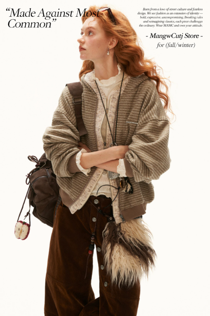 MAMC - Brown Faux-Layered Striped Hooded Knit Sweatshirt