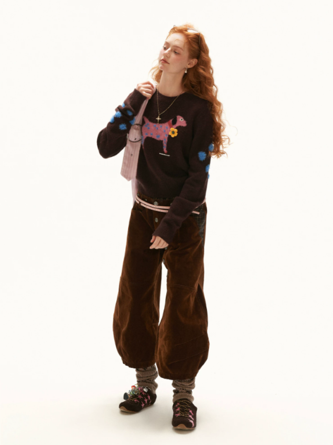 MAMC - Brown Puppy Jacquard Cropped Knit Sweater