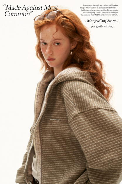 MAMC - Brown Faux-Layered Striped Hooded Knit Sweatshirt