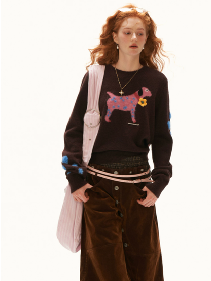 MAMC - Brown Puppy Jacquard Cropped Knit Sweater