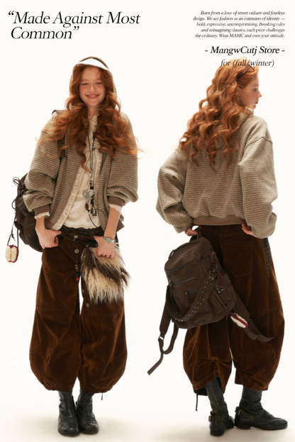 MAMC - Brown Faux-Layered Striped Hooded Knit Sweatshirt