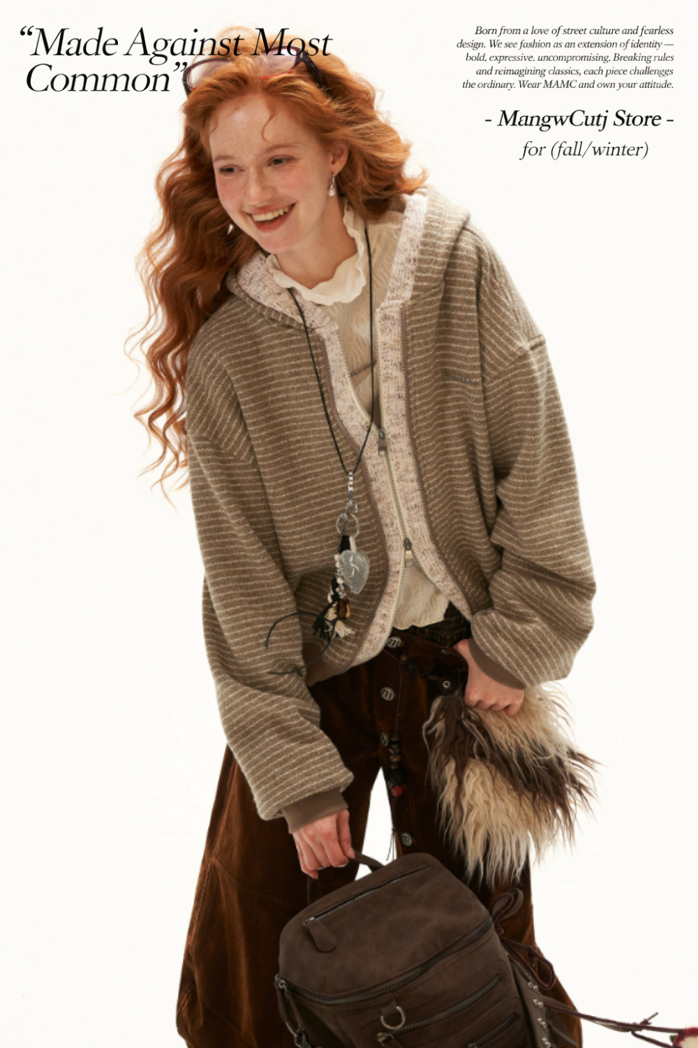 MAMC - Brown Faux-Layered Striped Hooded Knit Sweatshirt