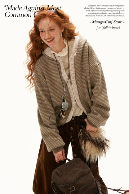 MAMC - Brown Faux-Layered Striped Hooded Knit Sweatshirt
