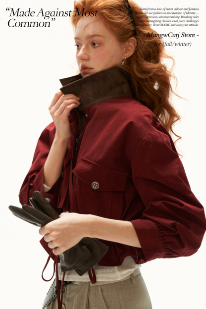 MAMC - Red Textured Snowflake-Fleece Utility Jacket with Faux Leather Collar