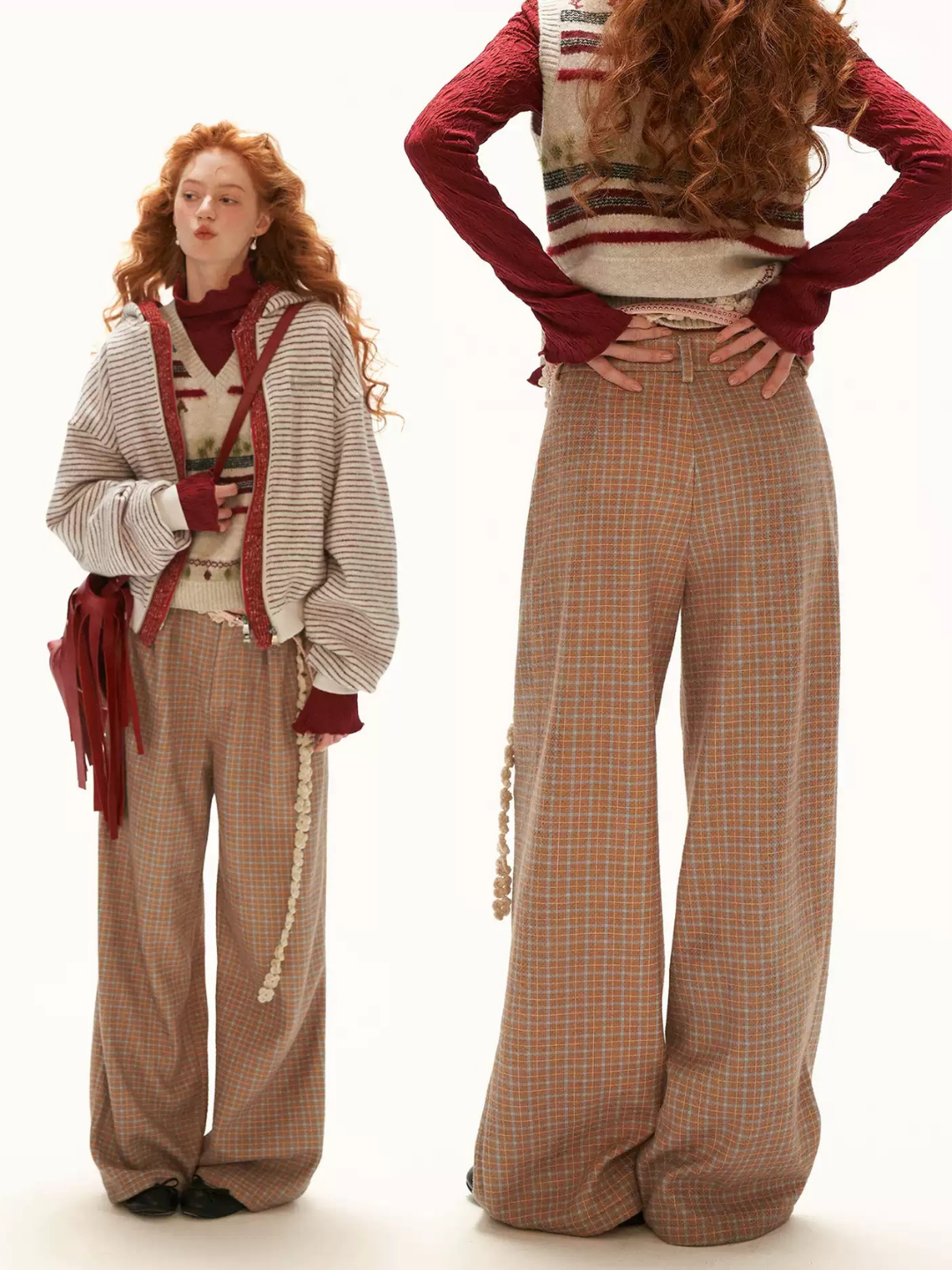 MAMC - Mustard Yellow Plaid Wide-Leg Wool-Look Trousers