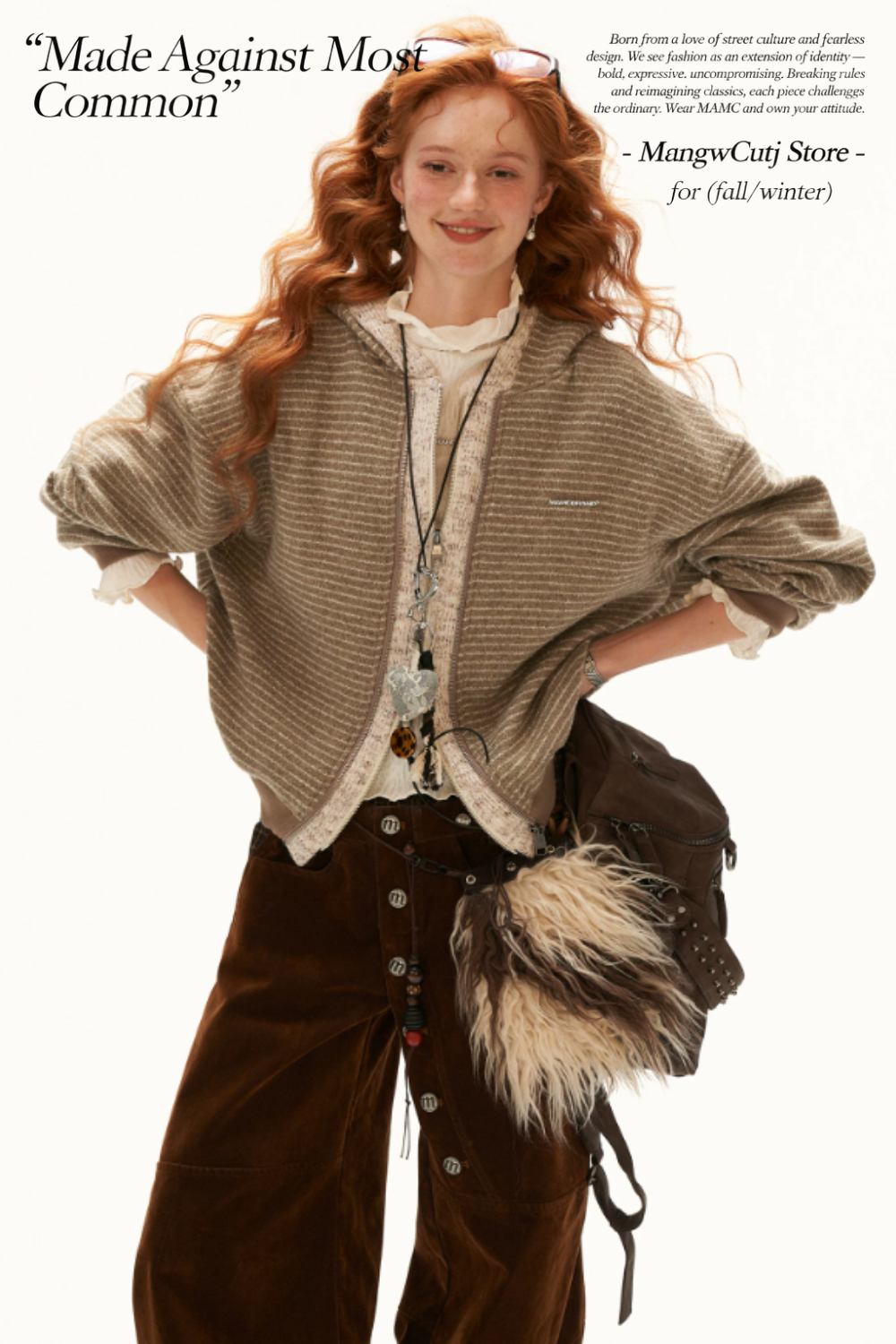 MAMC - Brown Faux-Layered Striped Hooded Knit Sweatshirt