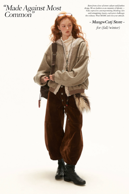 MAMC - Brown Faux-Layered Striped Hooded Knit Sweatshirt