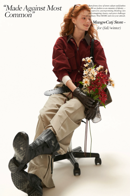 MAMC - Red Textured Snowflake-Fleece Utility Jacket with Faux Leather Collar