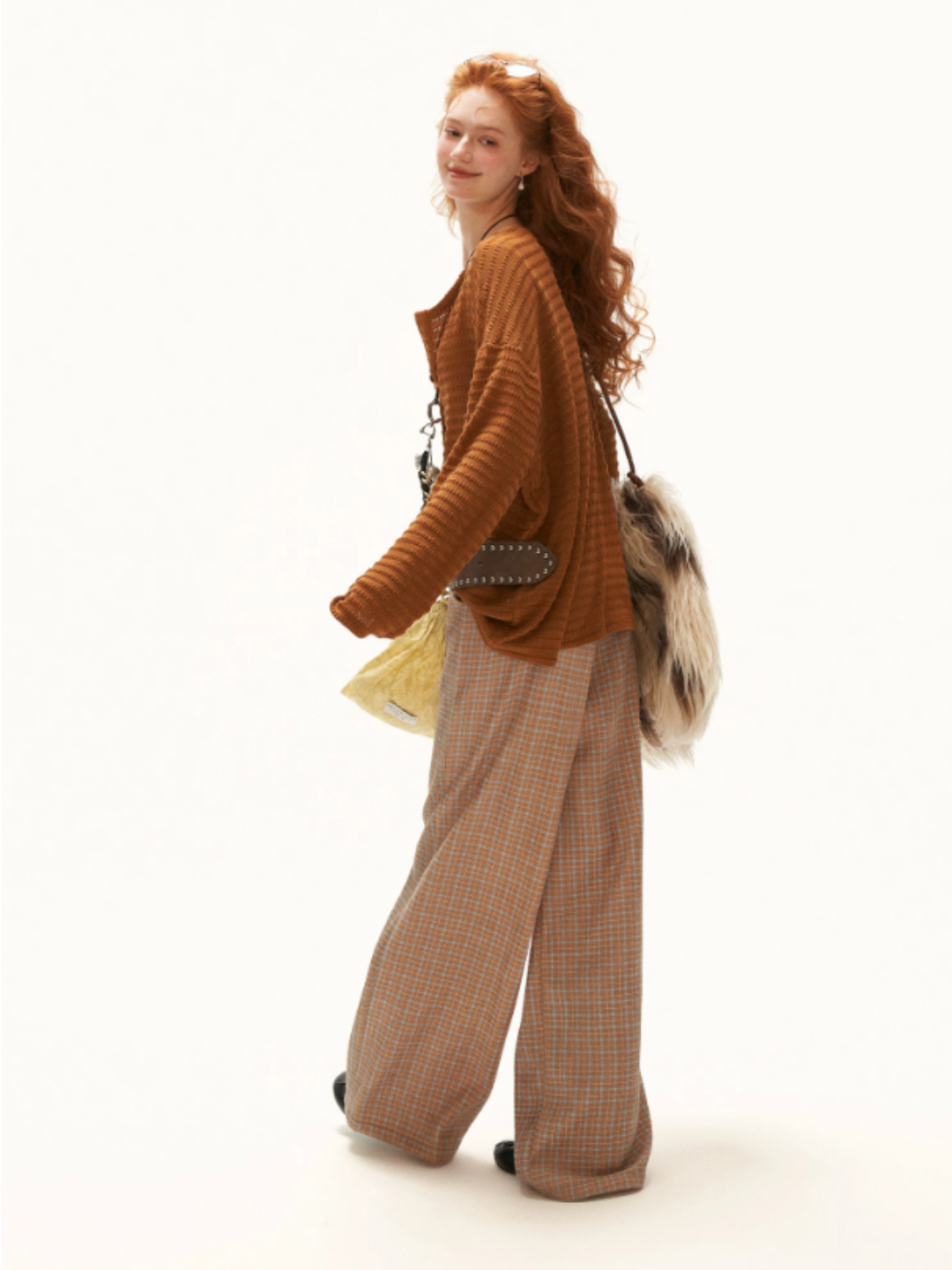 MAMC - Mustard Yellow Plaid Wide-Leg Wool-Look Trousers