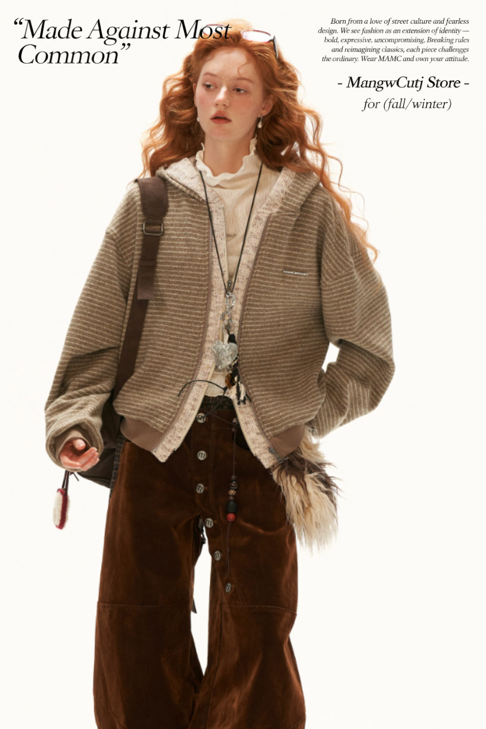 MAMC - Brown Faux-Layered Striped Hooded Knit Sweatshirt