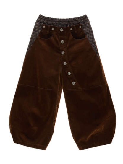 MAMC - Brown Plaid-Panel Cropped Denim Barrel-Leg Pants