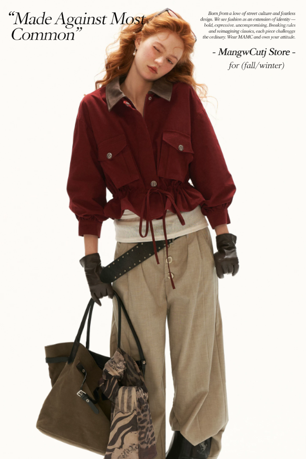 MAMC - Red Textured Snowflake-Fleece Utility Jacket with Faux Leather Collar