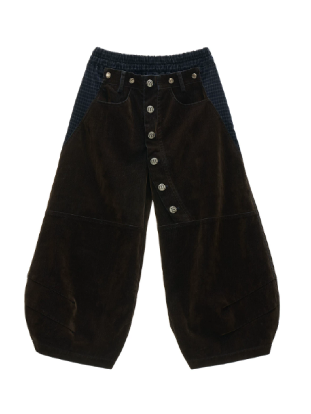 MAMC - Dark Coffee Brown Plaid-Panel Cropped Barrel-Leg Denim Pants