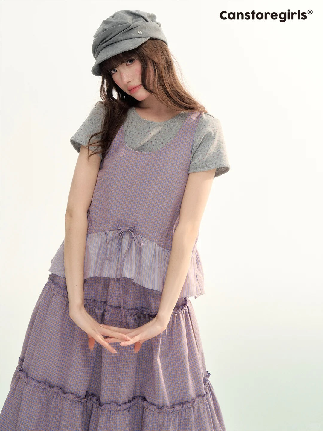 Lavender Plaid Bubble Top & Tiered Skirt Set SJ2026091