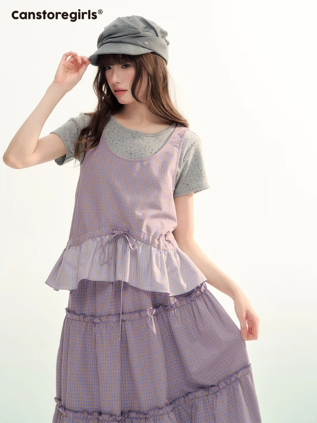 Lavender Plaid Bubble Top & Tiered Skirt Set SJ2026091
