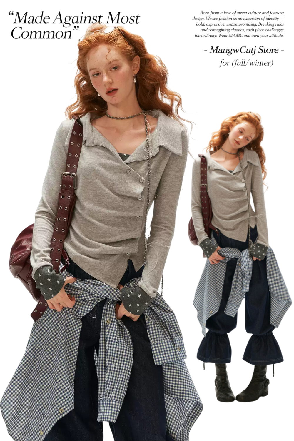 MAMC - Gray Star-Print Layered Polo Collar Long Sleeve Top
